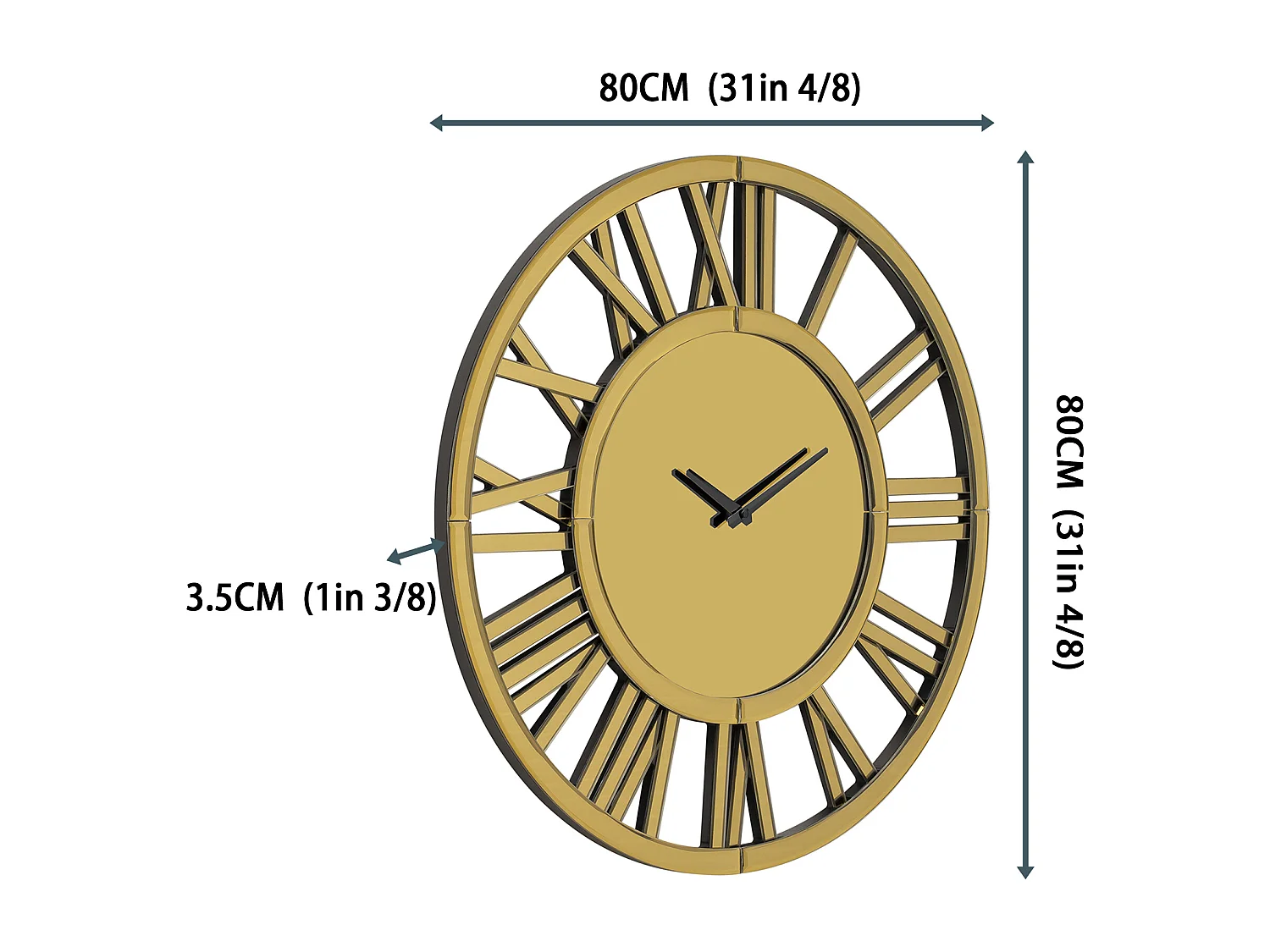 Horloge murale ronde contemporaine en verre, design élégant, MDF et verre, doré (80x3.4x80cm)