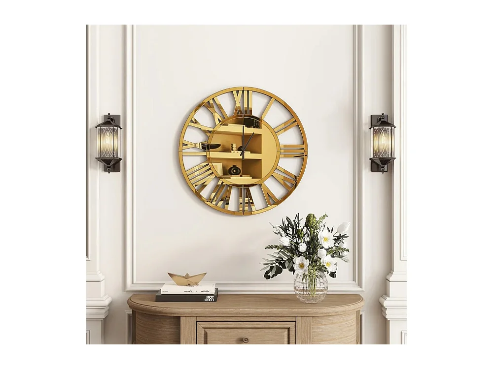 Reloj de pared redondo contemporáneo de cristal, diseño elegante, MDF y cristal, dorado (80 x 3,4 x 80 cm)
