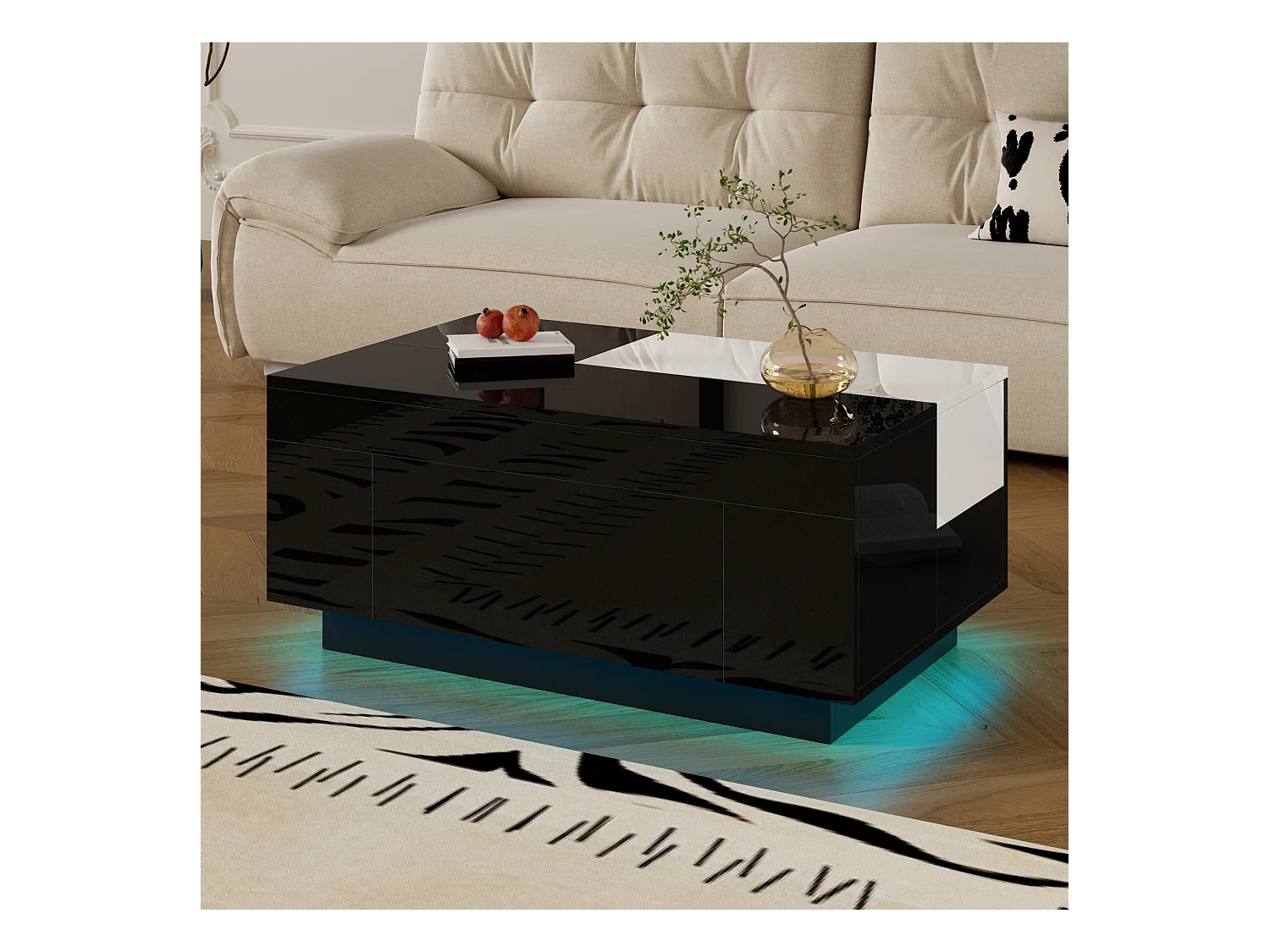 Table basse design avec éclairage LED, plateau extensible noir et blanc, MDF, verre (80x50x35.5 cm)