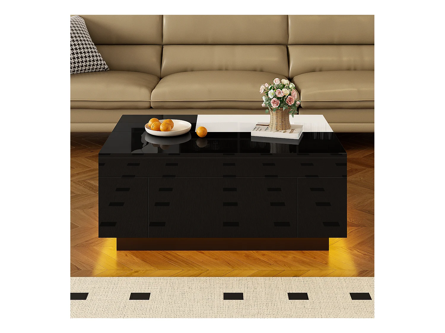Table basse design avec éclairage LED, plateau extensible noir et blanc, MDF, verre (80x50x35.5 cm)
