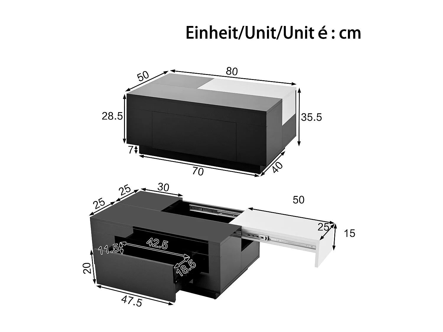 Table basse design avec éclairage LED, plateau extensible noir et blanc, MDF, verre (80x50x35.5 cm)