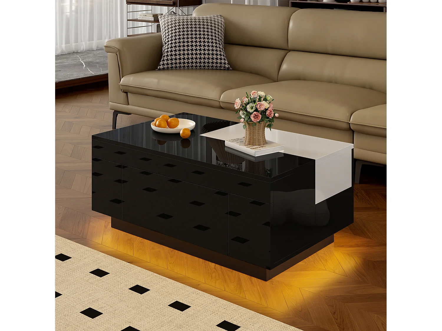 Table basse design avec éclairage LED, plateau extensible noir et blanc, MDF, verre (80x50x35.5 cm)