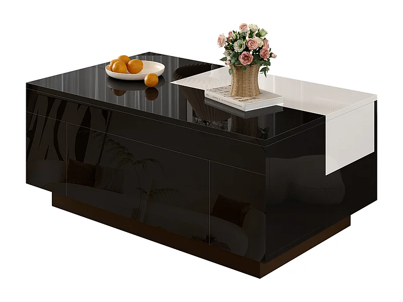 Table basse design avec éclairage LED, plateau extensible noir et blanc, MDF, verre (80x50x35.5 cm)
