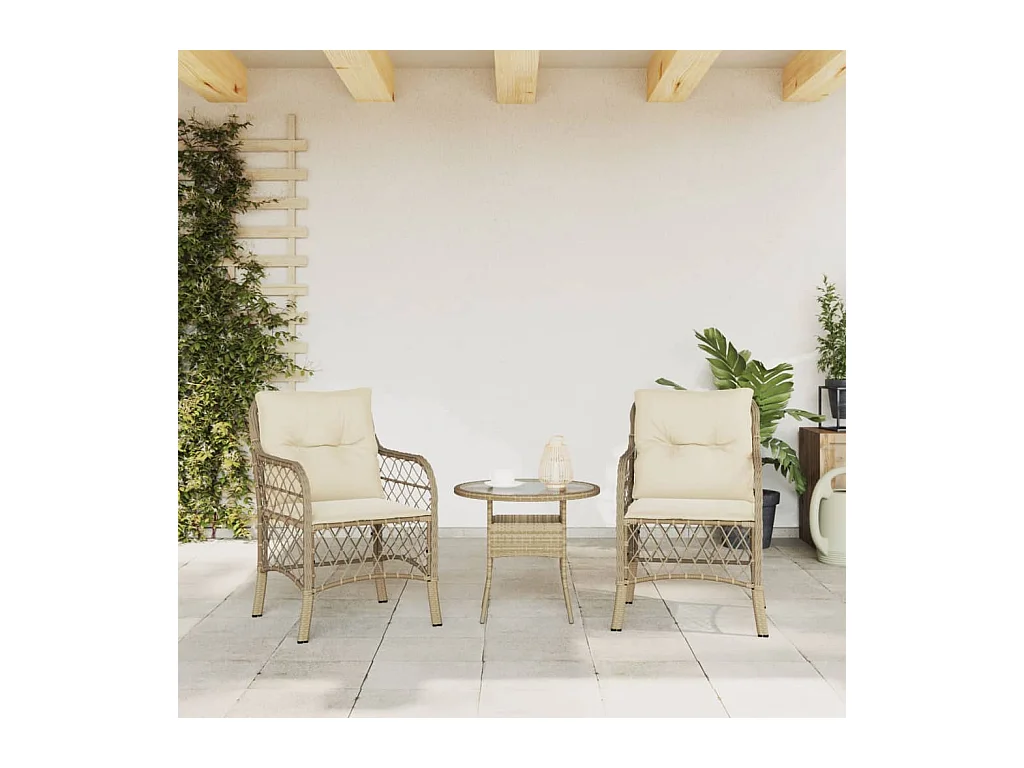 Sillas de jardín con cojines, juego de 2, beige, resina tejida