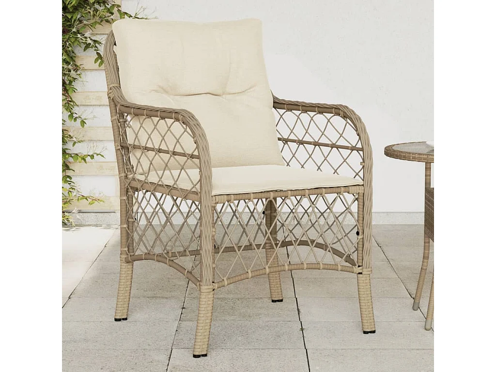 Sedie da giardino con cuscini, set da 2, beige, resina intrecciata