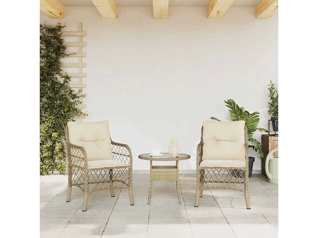 Sedie da giardino con cuscini, set da 2, beige, resina intrecciata