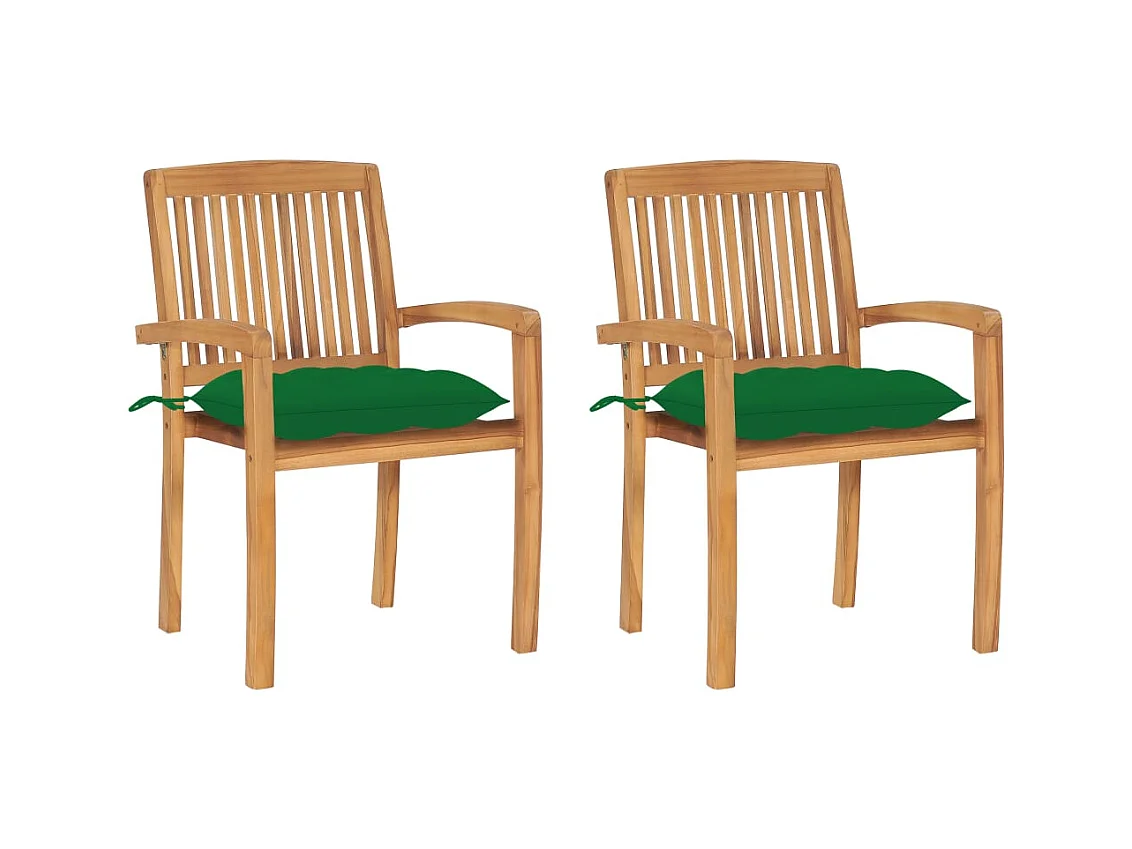 Chaises de jardin lot de 2 et coussins vert Bois de teck massif