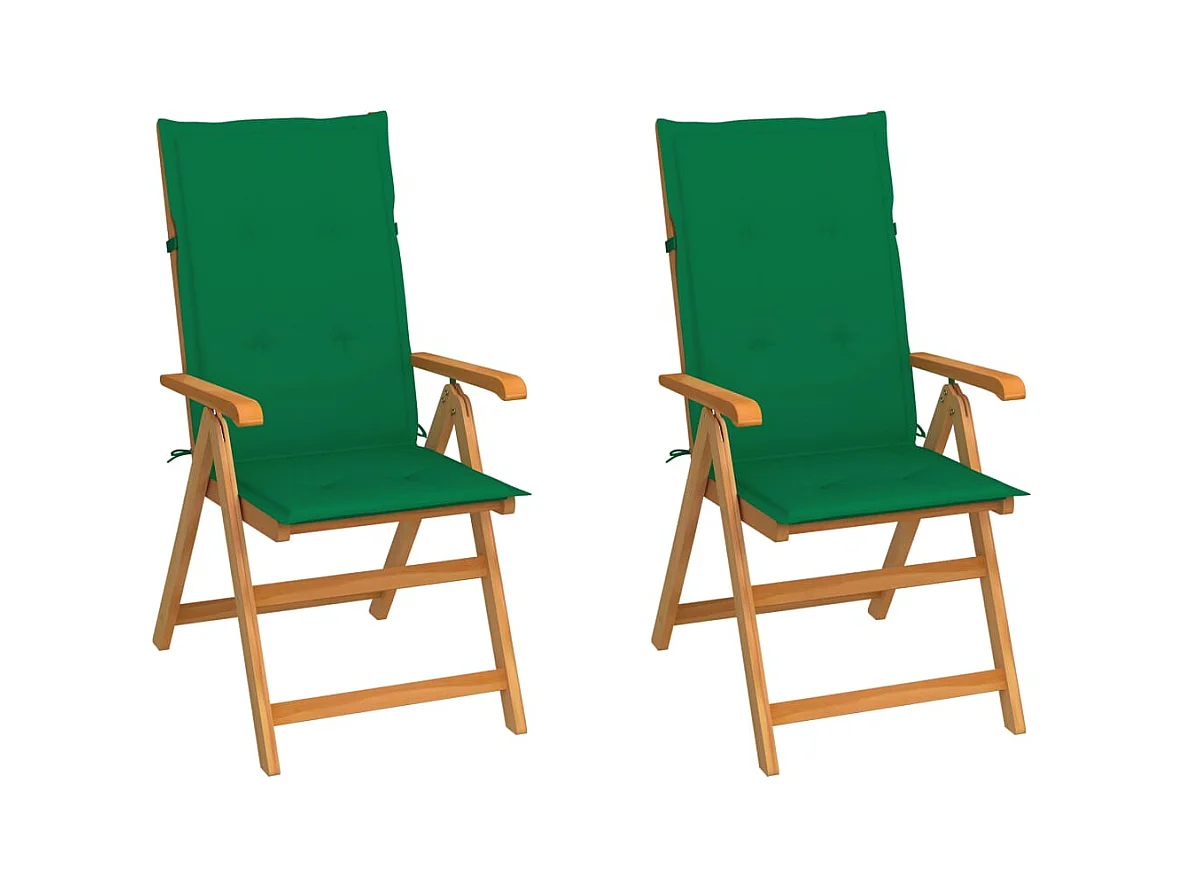 Set di 2 sedie da giardino e cuscini verdi in legno massello di teak