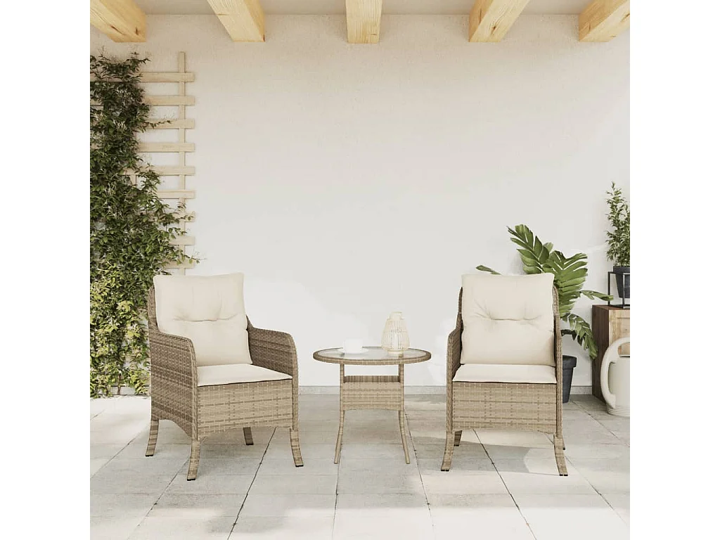 Sedie da giardino con cuscini, set da 2, beige, resina intrecciata
