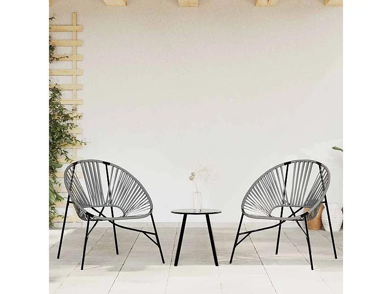 Set van 3 zwarte en lichtgrijze gevlochten hars tuinstoelen