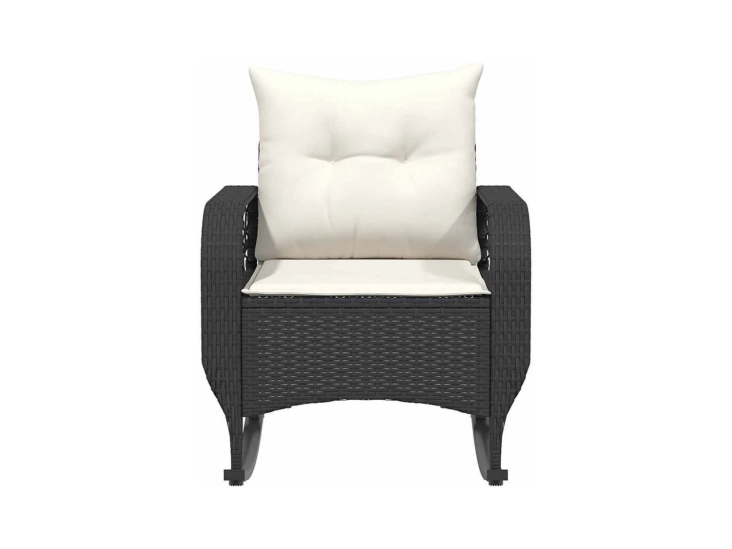 Sedia a dondolo da giardino con cuscini neri in resina di vimini