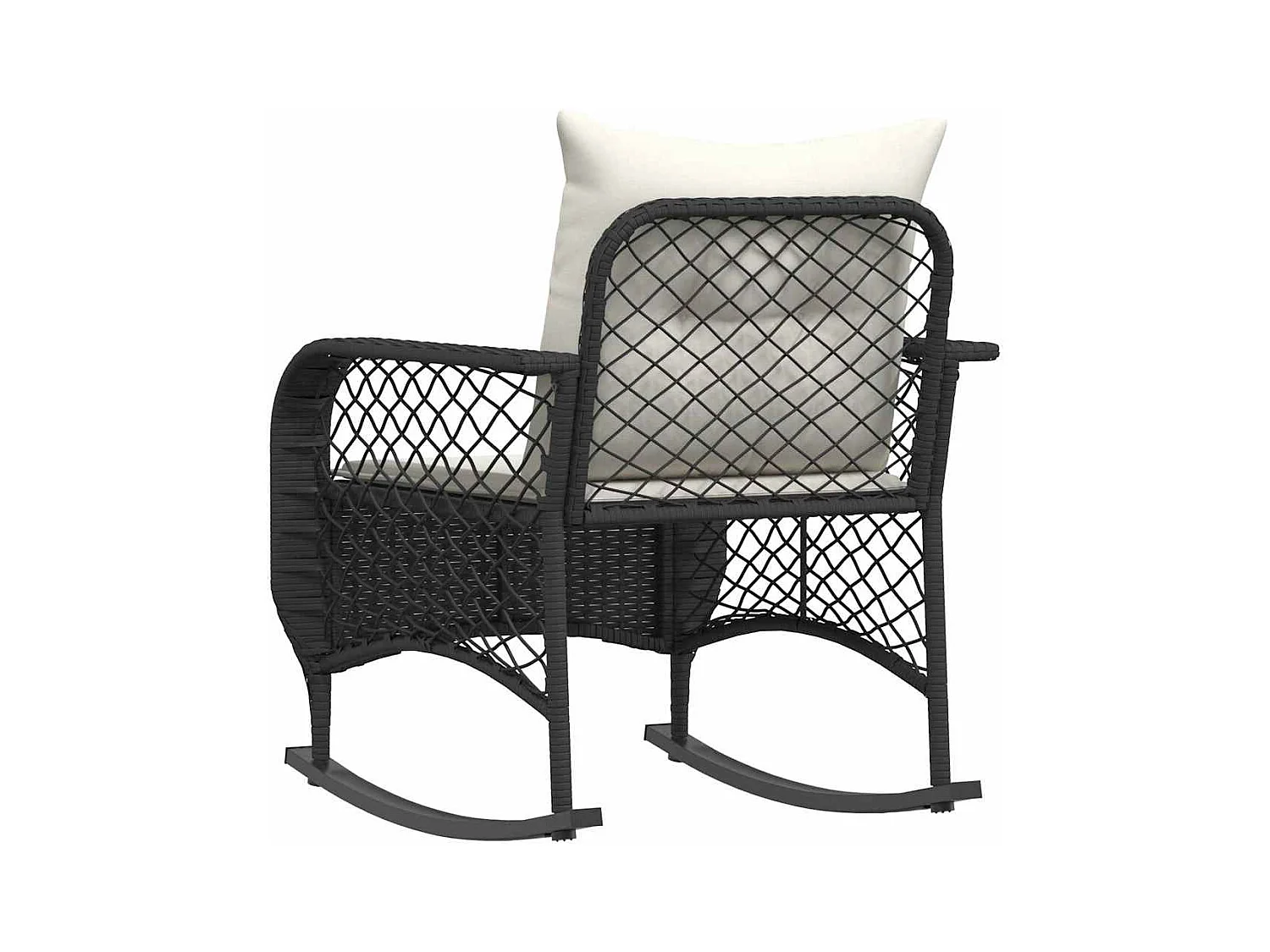 Sedia a dondolo da giardino con cuscini neri in resina di vimini
