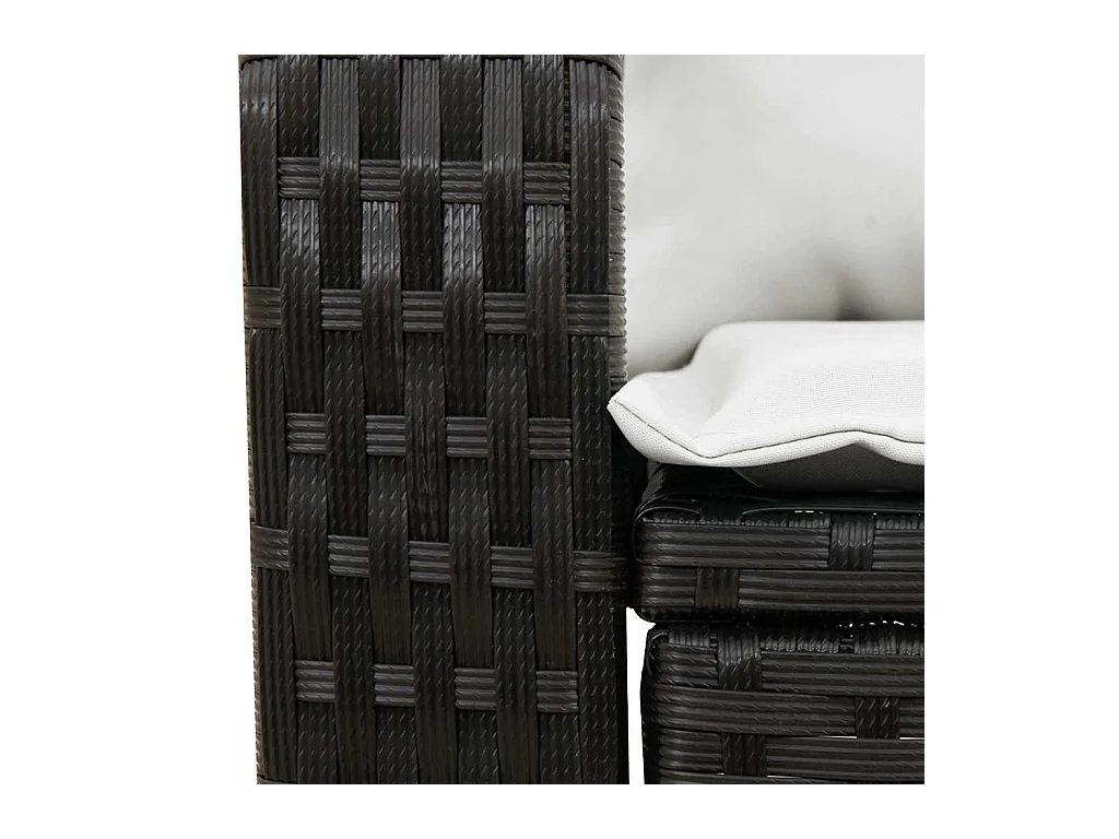 Sedia a dondolo da giardino con cuscini neri in resina di vimini