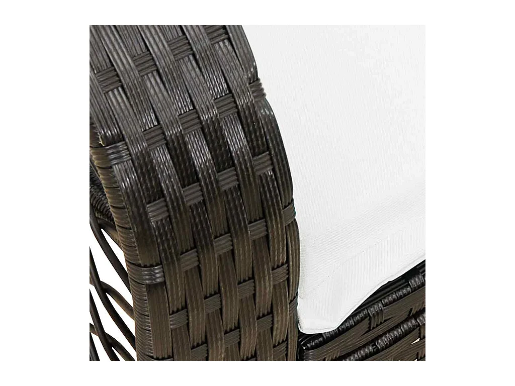 Sedia a dondolo da giardino con cuscini neri in resina di vimini