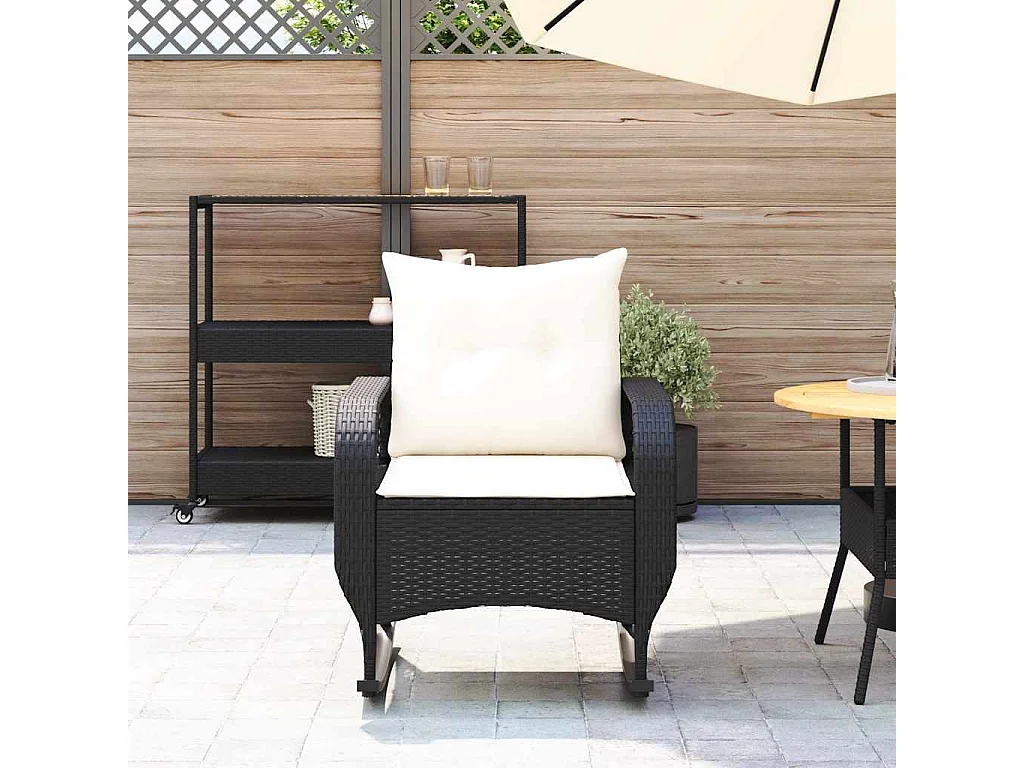 Chaise à bascule de jardin avec coussins noir résine tressée