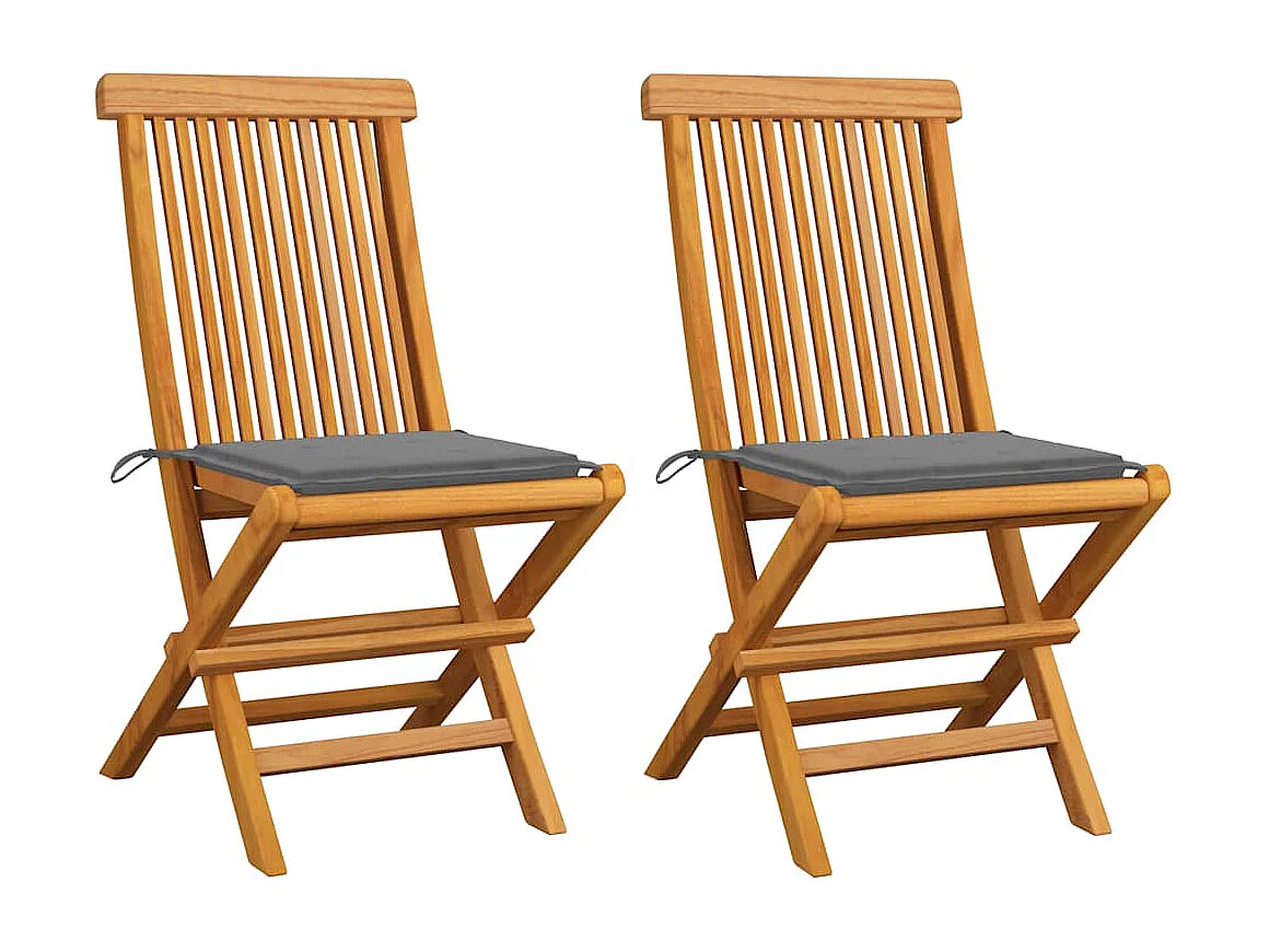 Set di 2 sedie da giardino e cuscini grigi in legno massello di teak