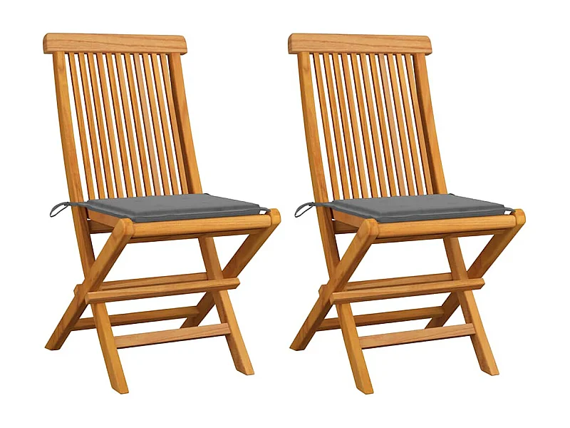 Set di 2 sedie da giardino e cuscini grigi in legno massello di teak