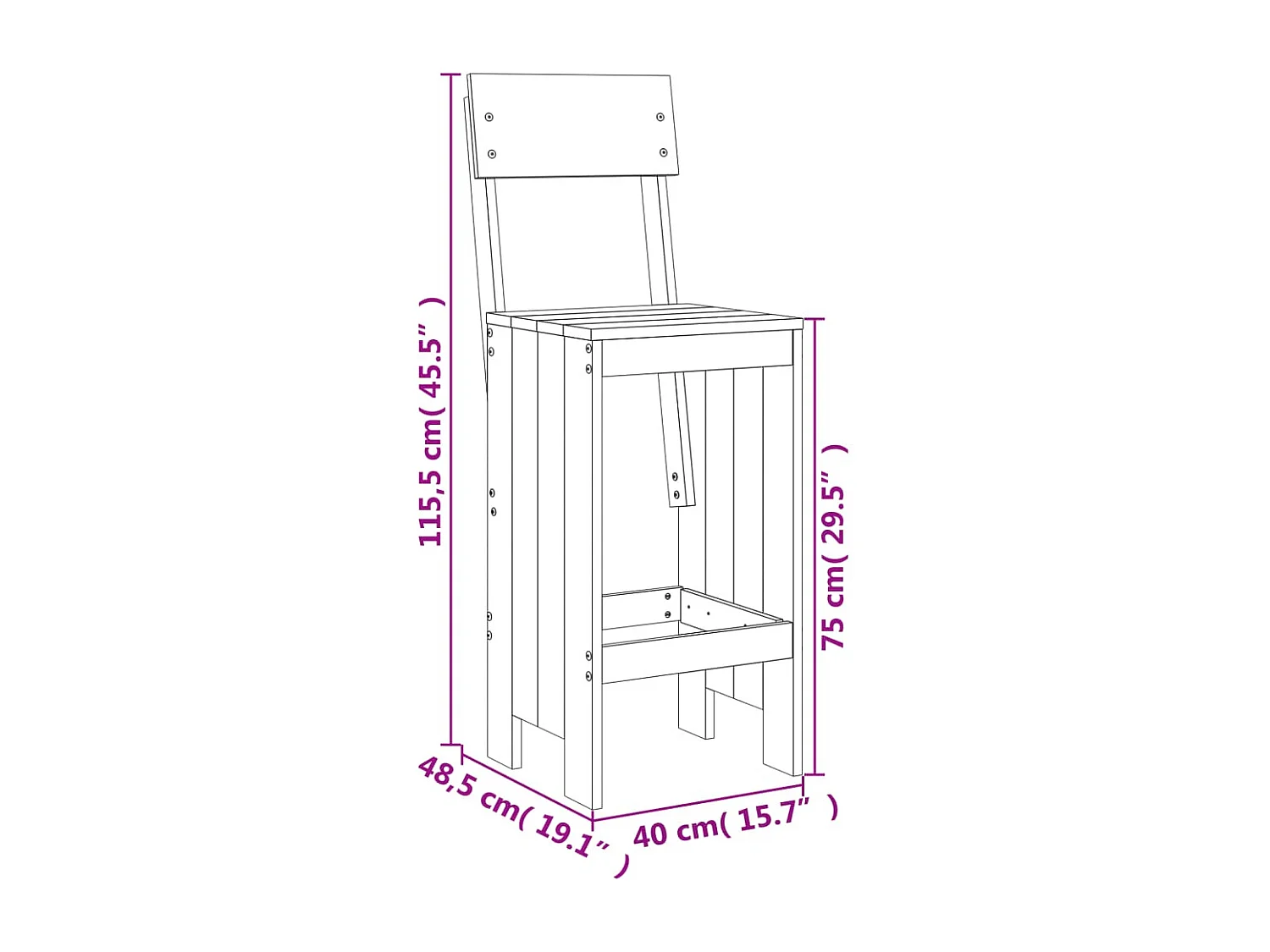 Set di 2 sgabelli da bar 40x48,5x115,5 cm in legno massello di Douglas