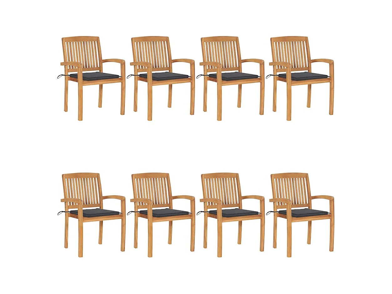 Chaises de jardin empilables avec coussins lot de 8 Teck solide