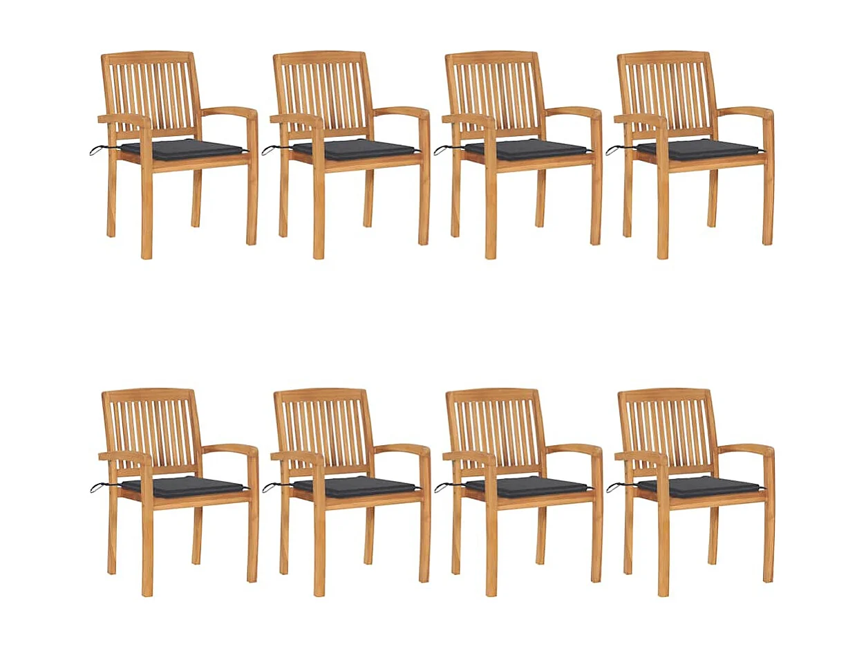 Stapelbare tuinstoelen met kussens, set van 8, massief teakhout