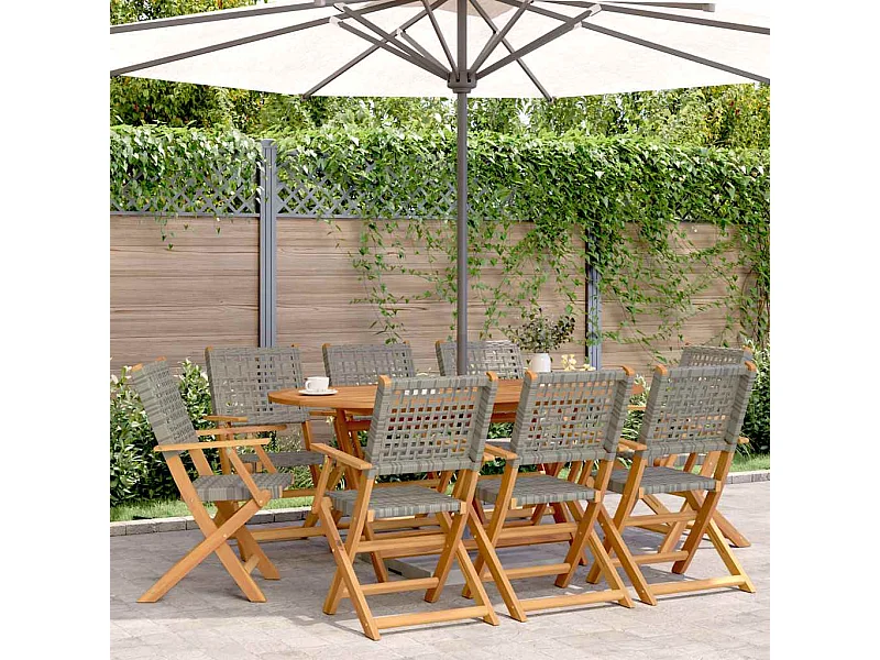 Set di 8 sedie pieghevoli da giardino in polyrattan grigio e legno massello