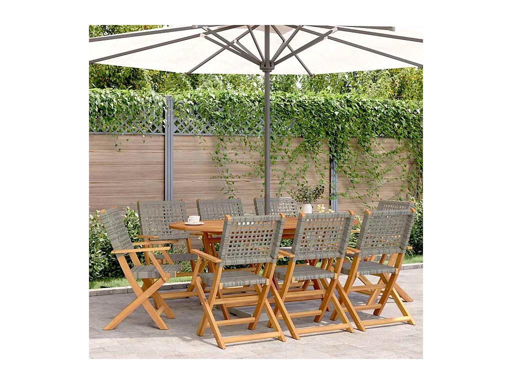 Set di 8 sedie pieghevoli da giardino in polyrattan grigio e legno massello