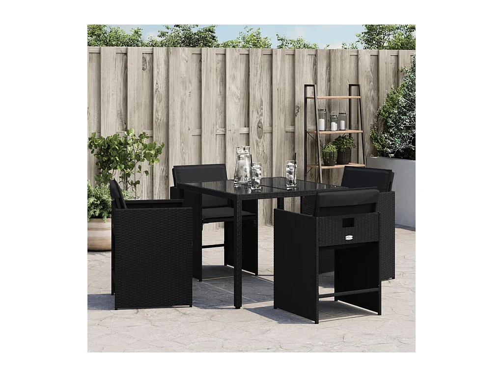Conjunto de 4 sillas de jardín con cojines de mimbre negro