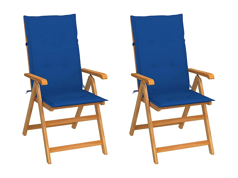 Chaises de jardin lot de 2 et coussins bleu royal Teck massif