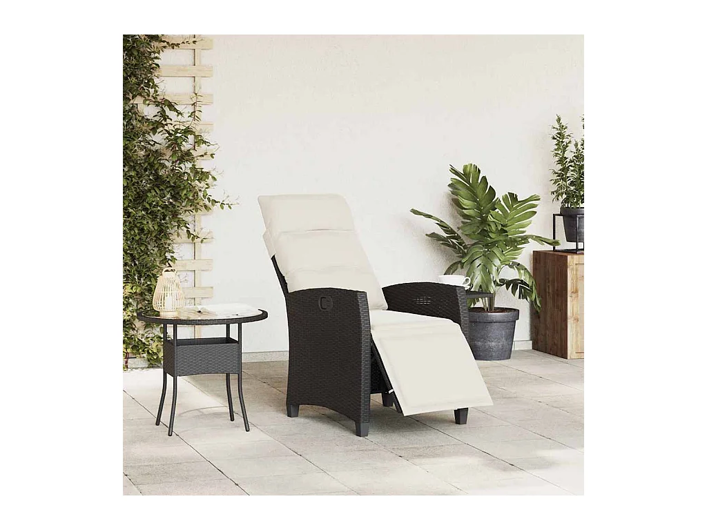 Sedia da giardino reclinabile con tavolino laterale in polyrattan nero