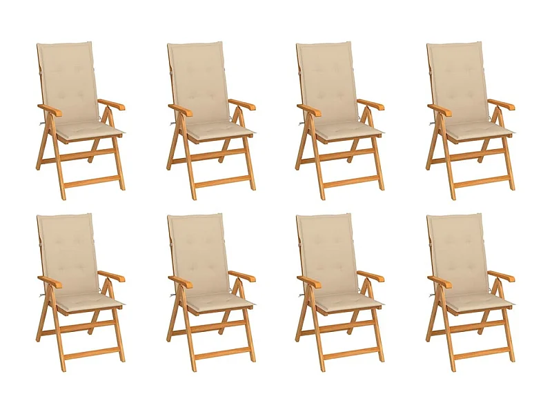 Chaises inclinables de jardin et coussins lot de 8 Teck solide