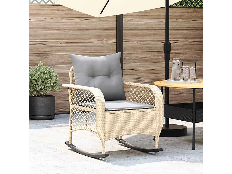 Chaise à bascule de jardin avec coussins beige résine tressée