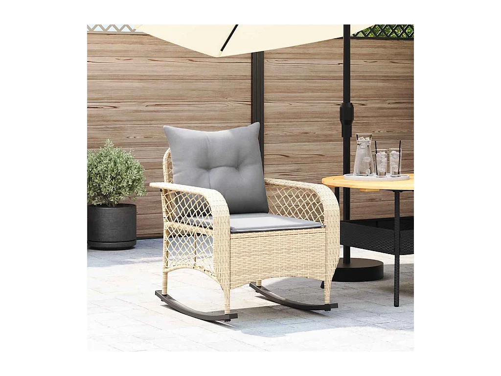 Chaise à bascule de jardin avec coussins beige résine tressée