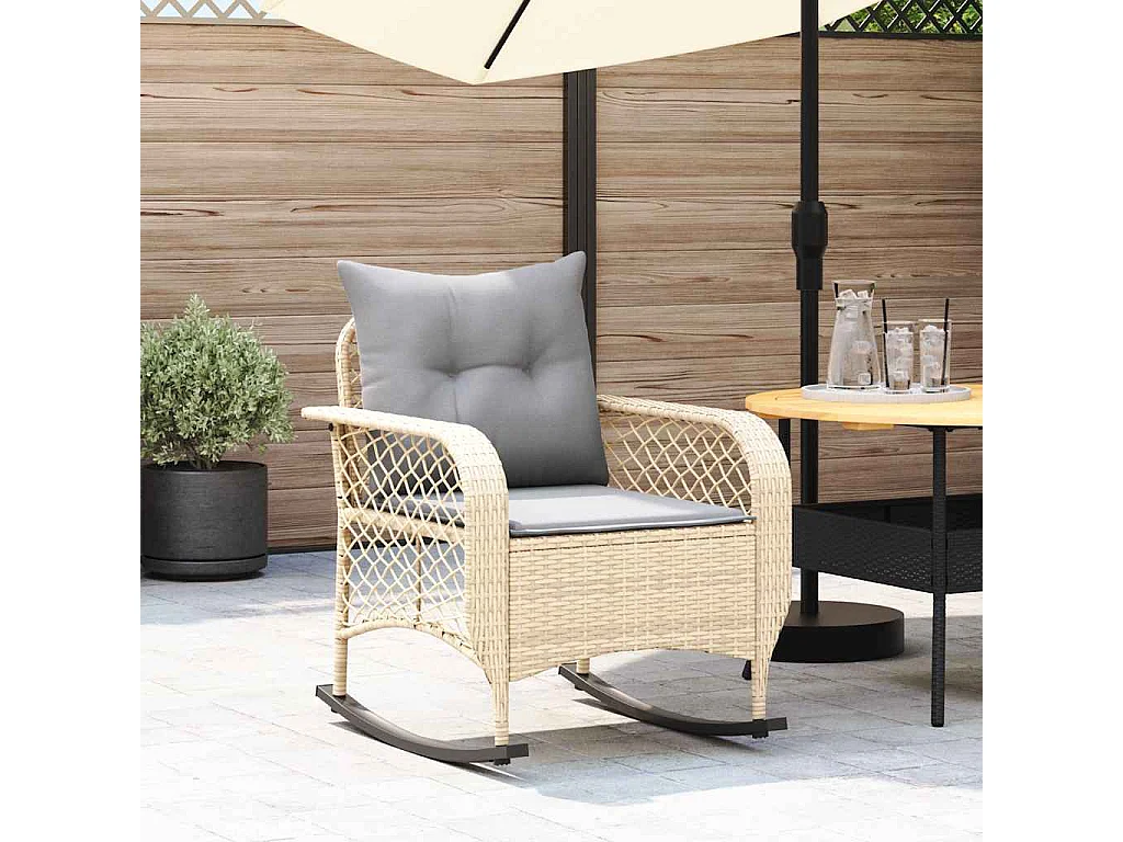 Chaise à bascule de jardin avec coussins beige résine tressée
