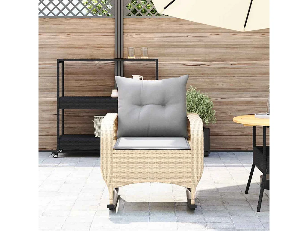 Chaise à bascule de jardin avec coussins beige résine tressée