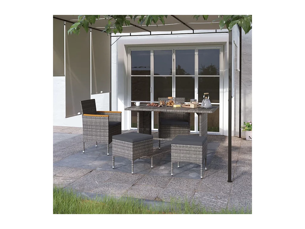 Set di 4 sedie e sgabelli da giardino in resina intrecciata grigia