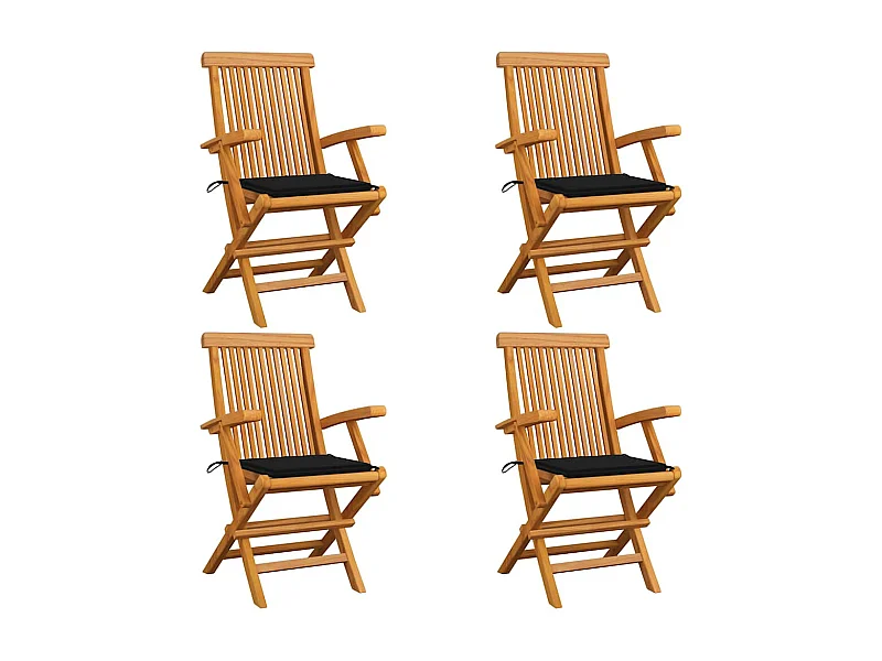 Chaises de jardin et coussins noir lot de 4 Bois de teck massif