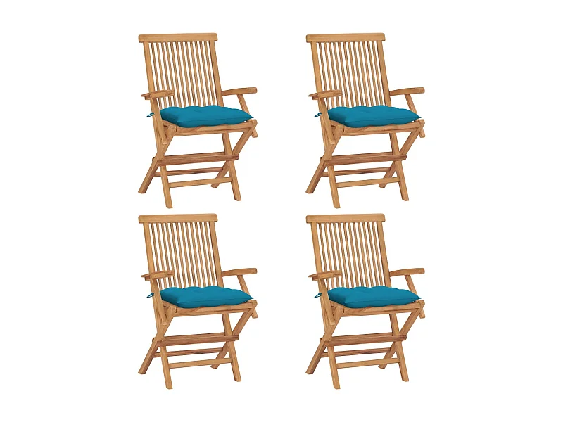 Set di 4 sedie da giardino con cuscini azzurri in teak massello