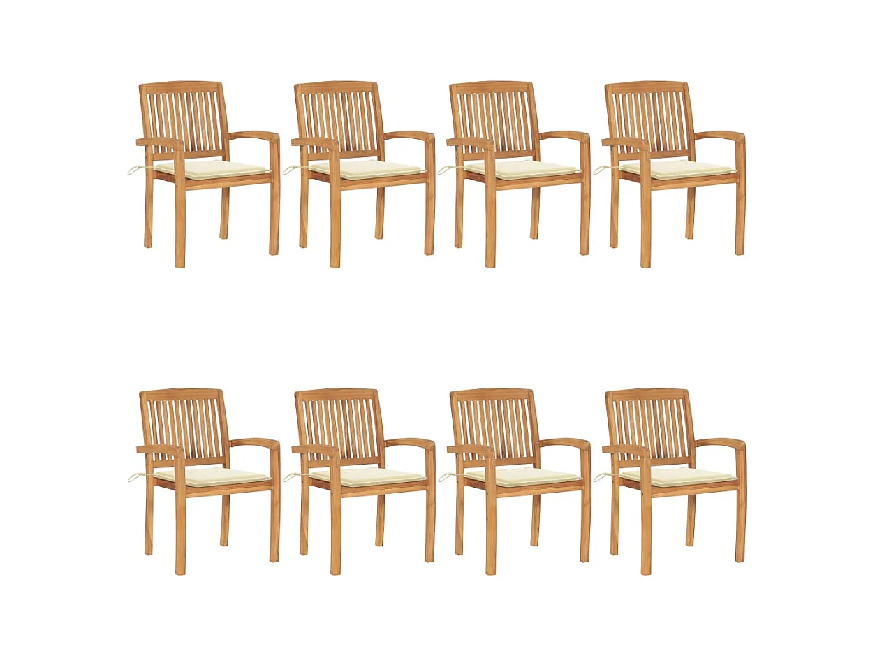 Chaises de jardin empilables avec coussins lot de 8 Teck solide