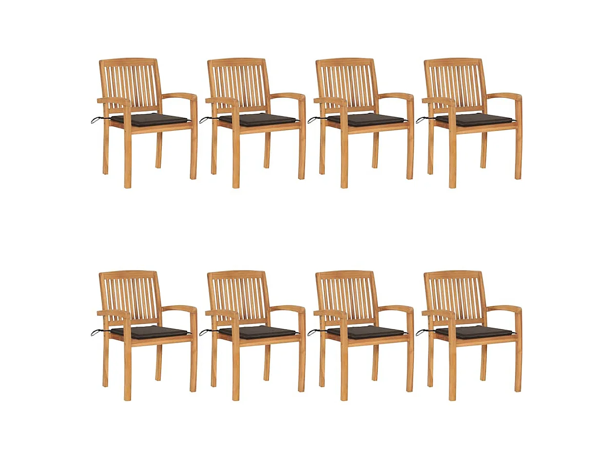 Chaises de jardin empilables avec coussins lot de 8 Teck solide