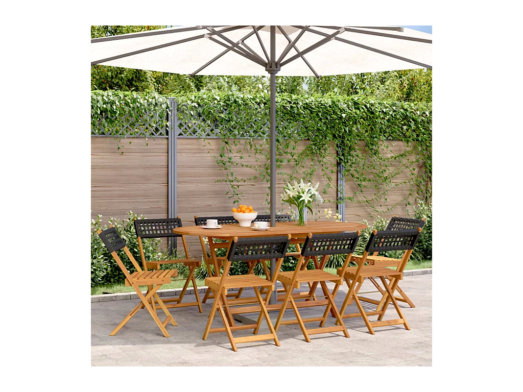 Set di 8 sedie pieghevoli da giardino in polyrattan nero e legno massello