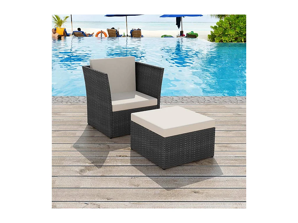 Chaise de jardin avec tabouret Noir Résine tressée