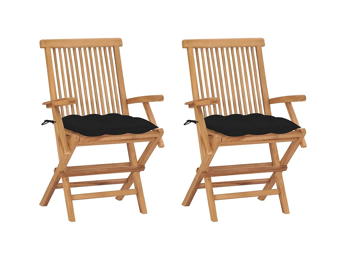 Chaises de jardin avec coussins noir lot de 2 Bois teck massif