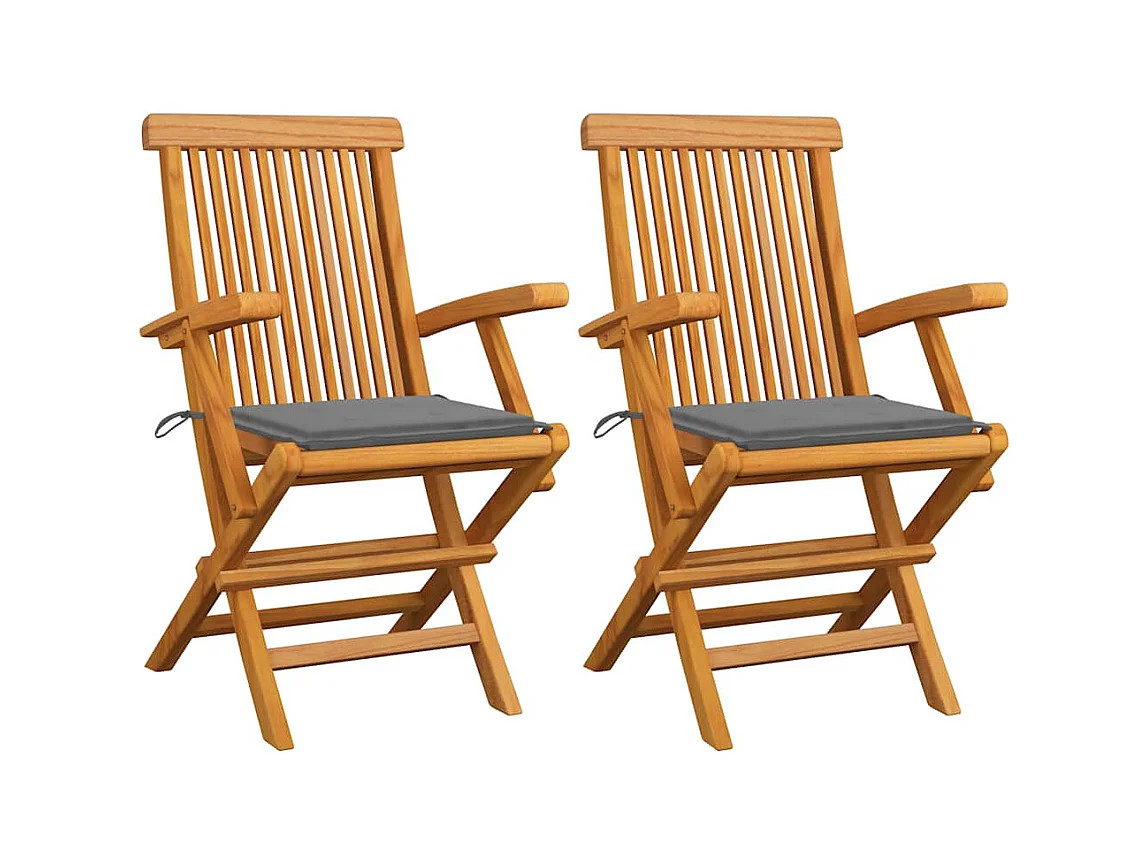 Set di 2 sedie da giardino con cuscini grigi in legno massello di teak