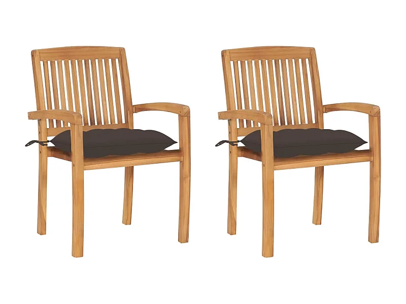 Set van 2 tuinstoelen met taupe kussens. Massief teakhout.