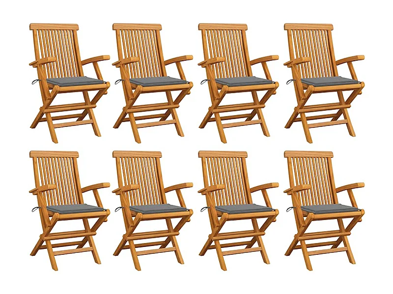 Set di 8 sedie da giardino con cuscini grigi in legno massello di teak