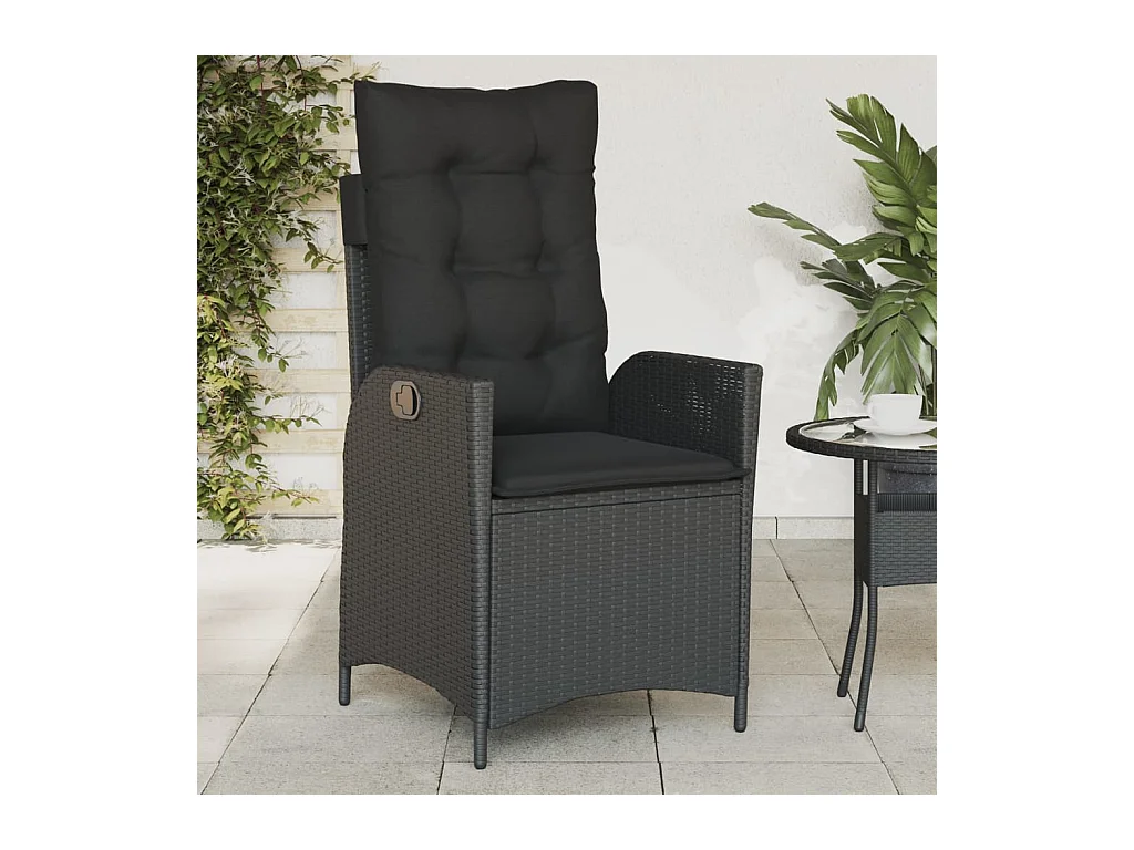 Silla de jardín reclinable con cojines de mimbre negro