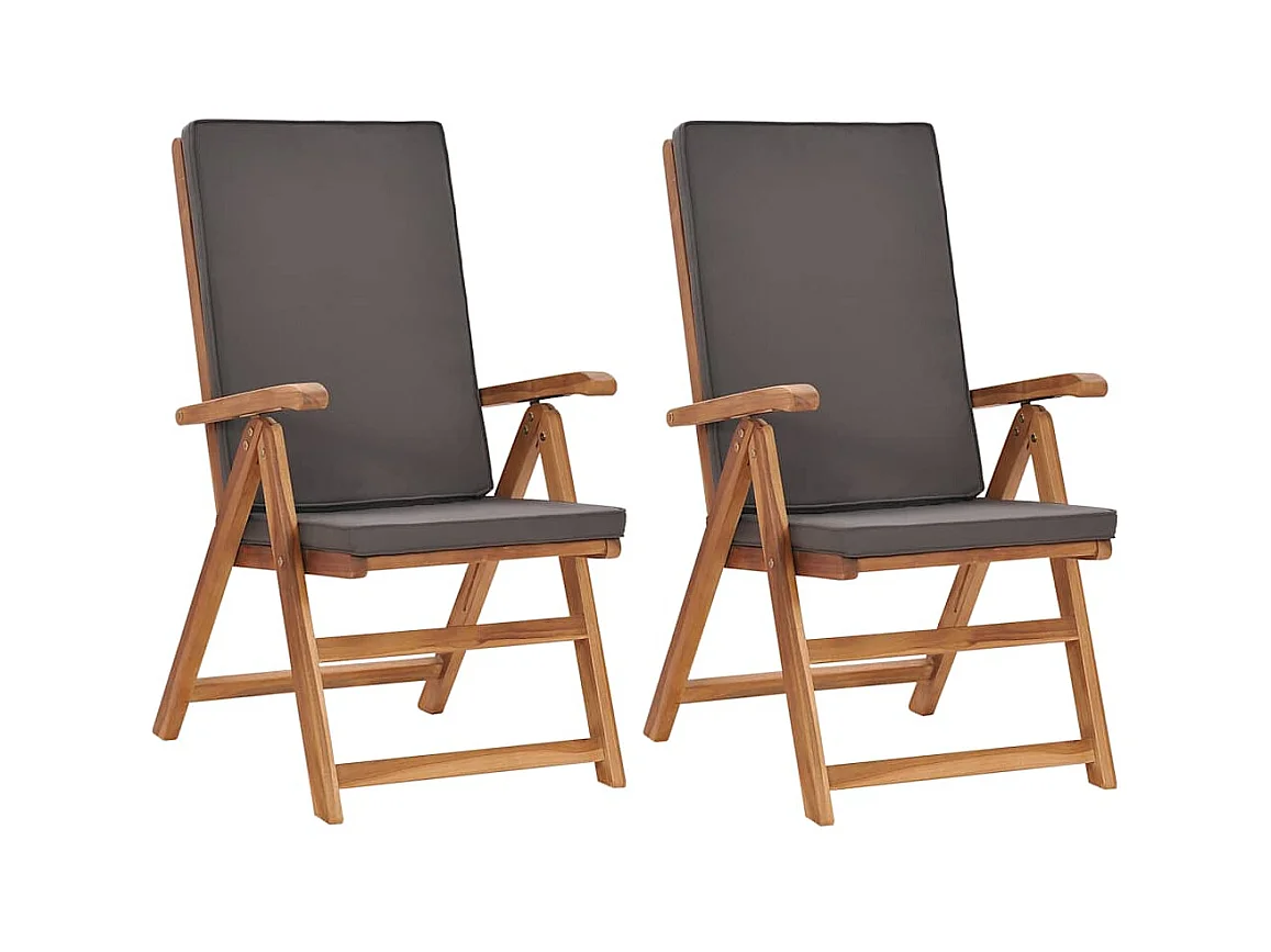 Chaises inclinables lot de 2 avec coussins Teck solide Gris
