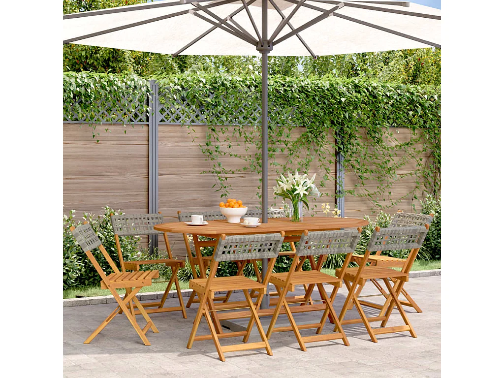 Set di 8 sedie pieghevoli da giardino in polyrattan grigio e legno massello