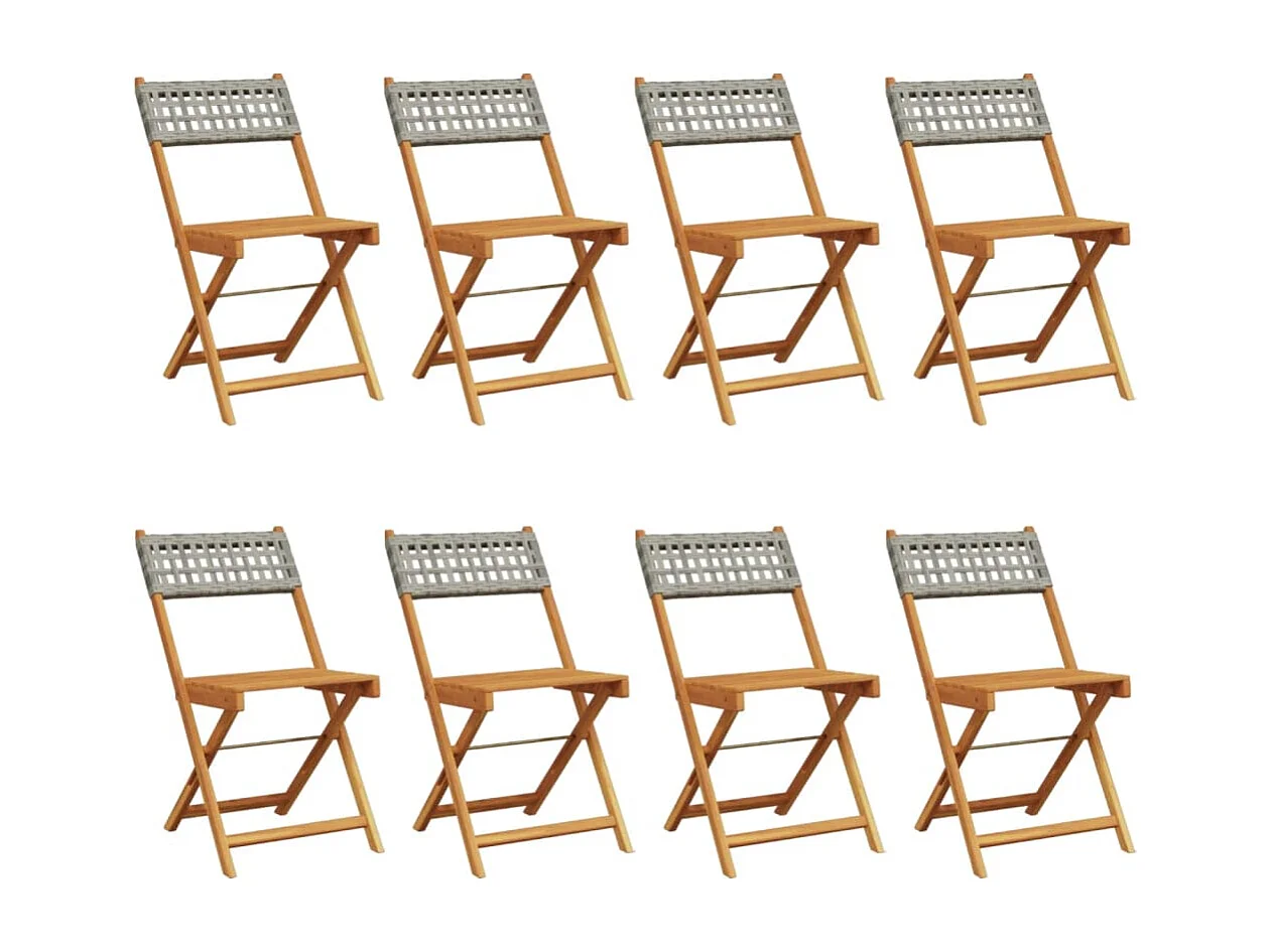 Set di 8 sedie pieghevoli da giardino in polyrattan grigio e legno massello