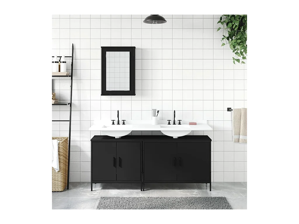 Set di mobili da bagno in legno ingegnerizzato nero, 3 pezzi